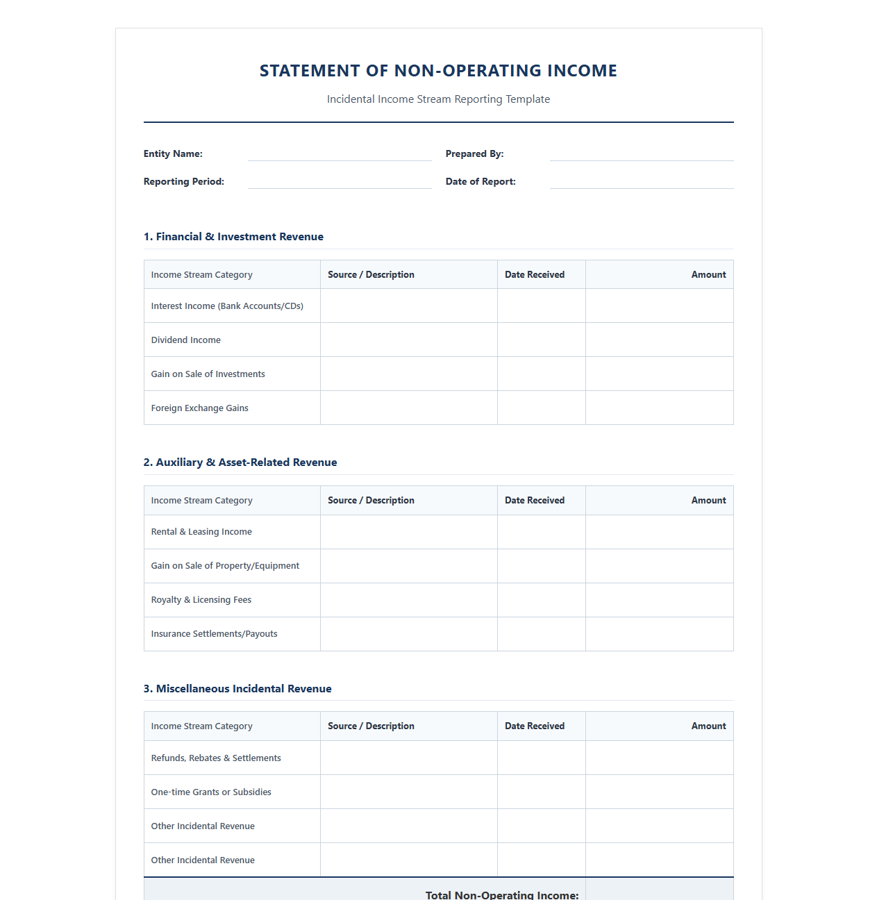 Incidental Income Stream Reporting Template