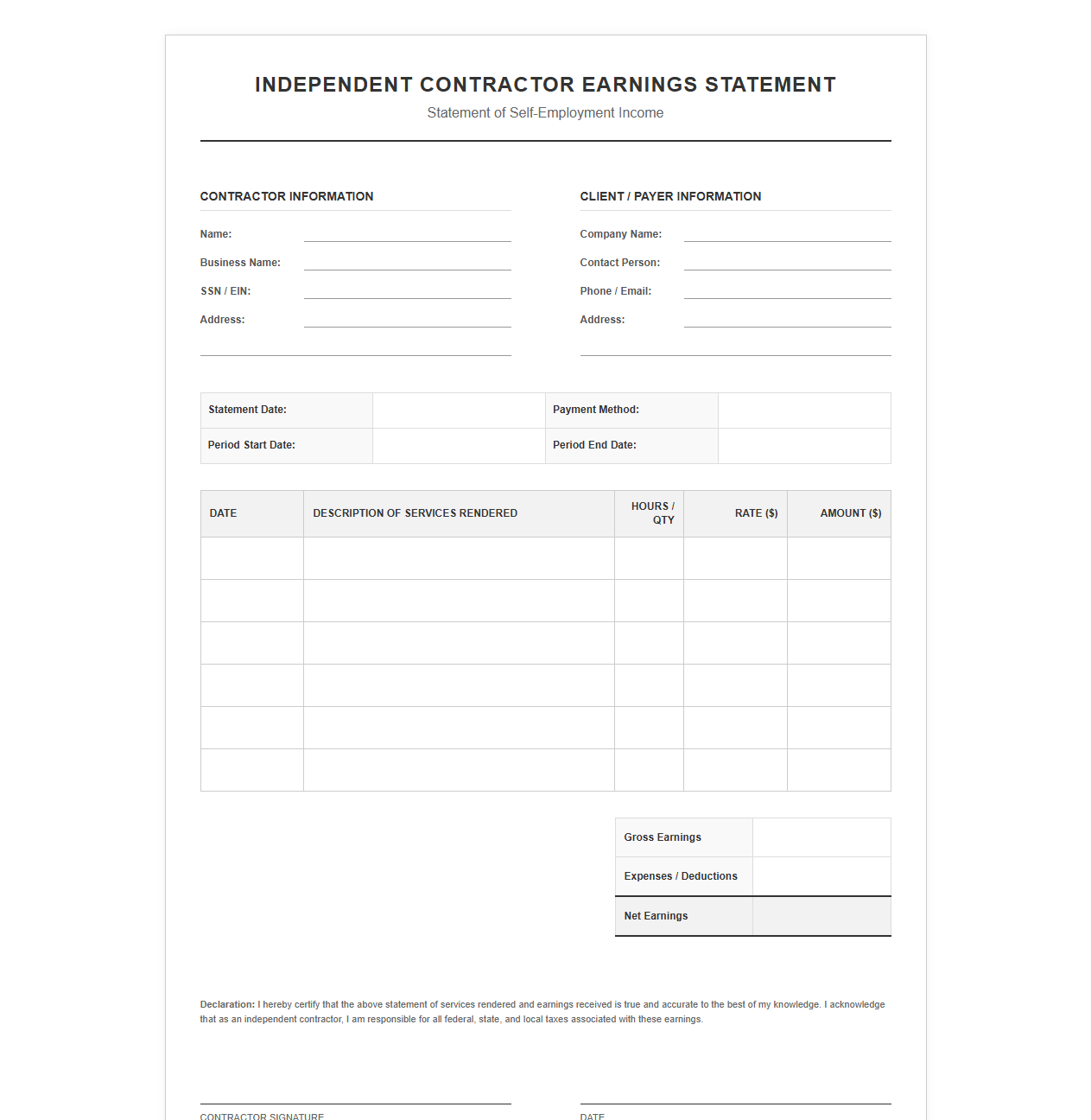 Independent Contractor Earnings Statement Template