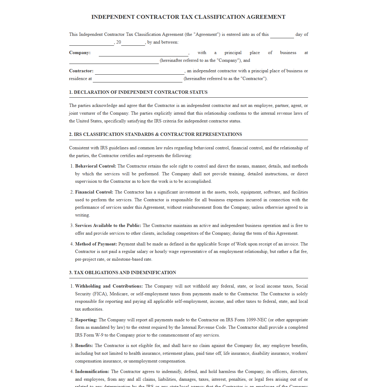 Independent Contractor IRS Classification Agreement Form
