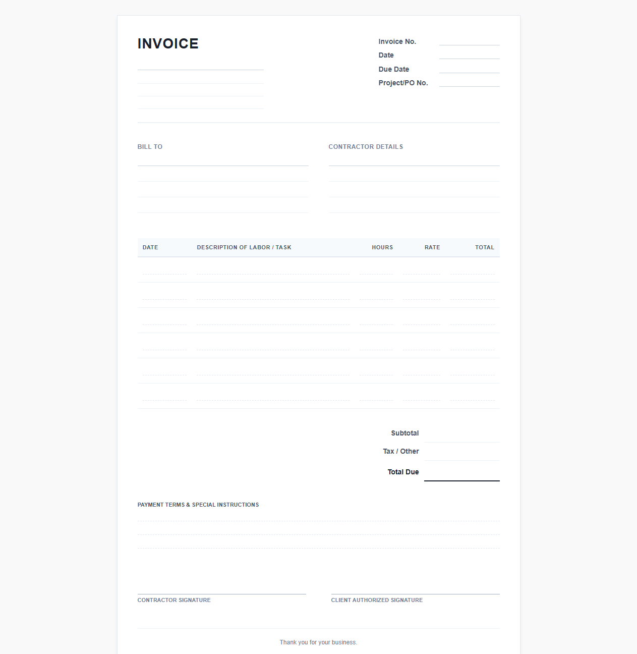 Independent Contractor Labor Invoice Template