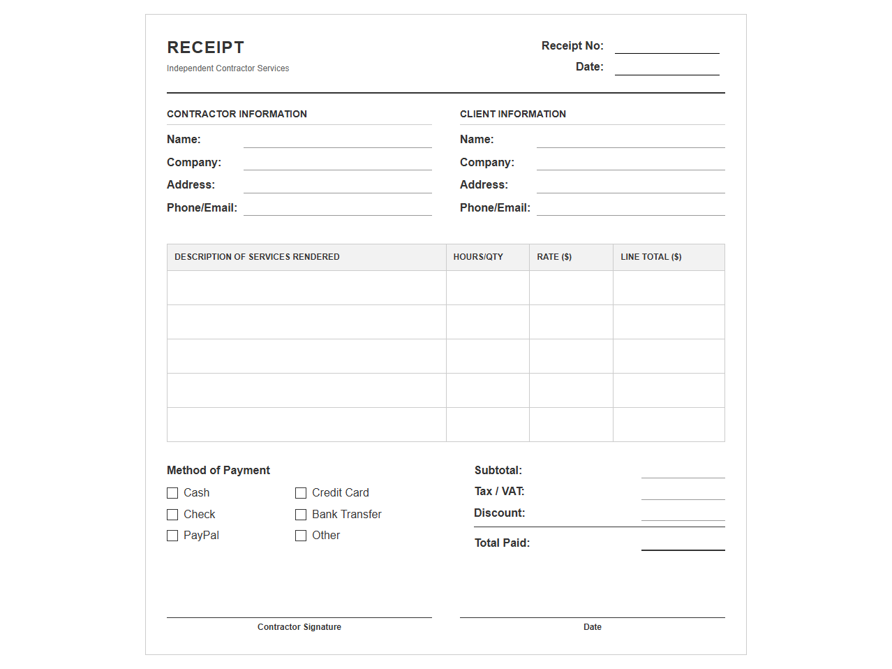 Independent Contractor Service Receipt Template