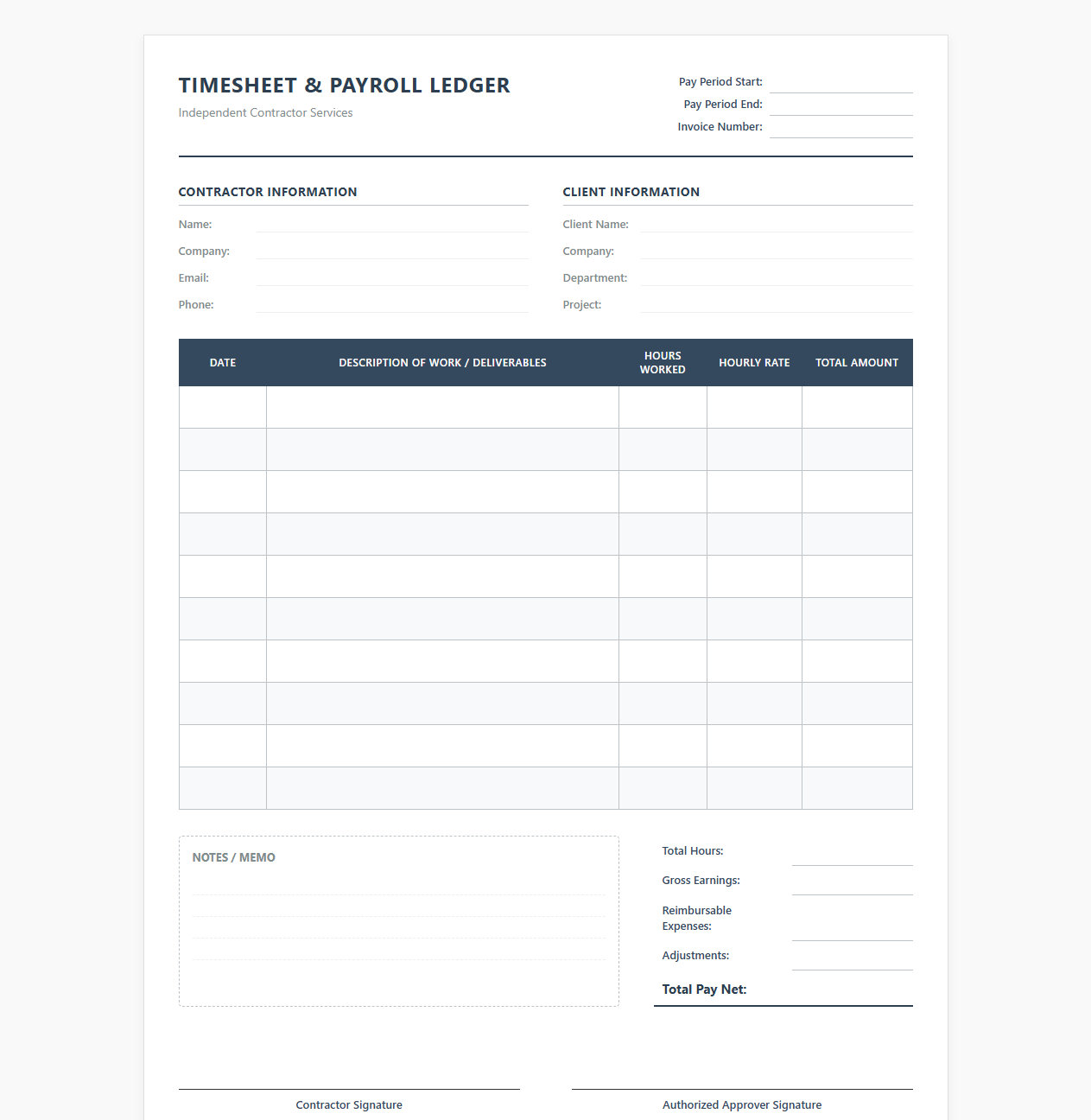 Independent Contractor Timesheet and Payroll Ledger