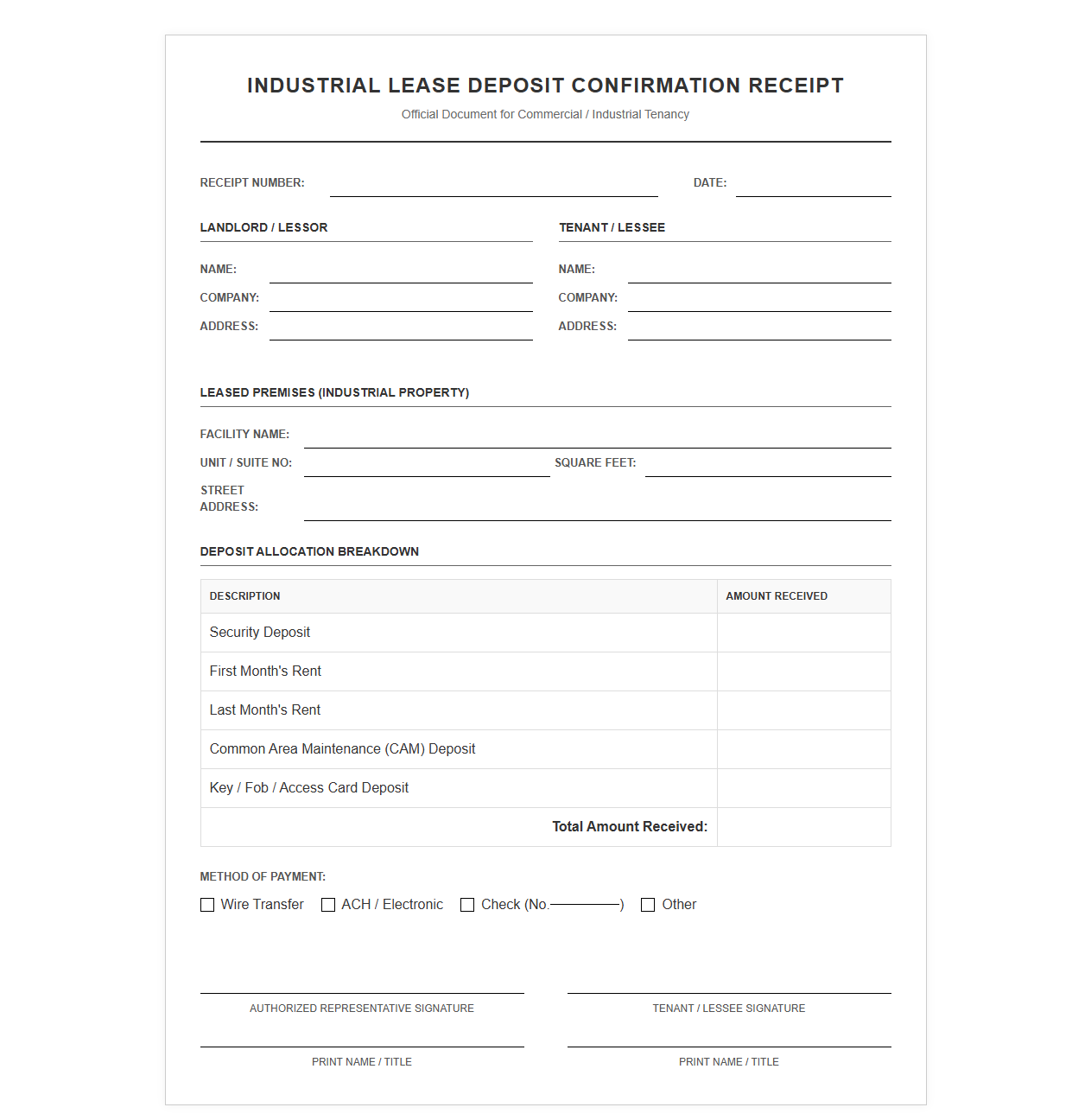 Industrial Lease Deposit Confirmation Receipt