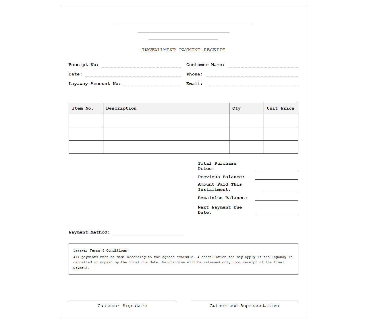 Installment Payment Receipt for Layaway Purchases