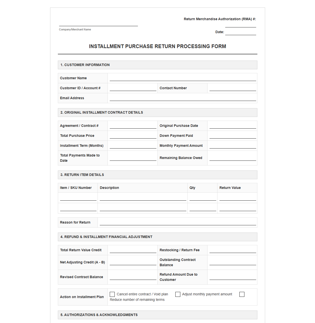Installment Purchase Return Processing Form