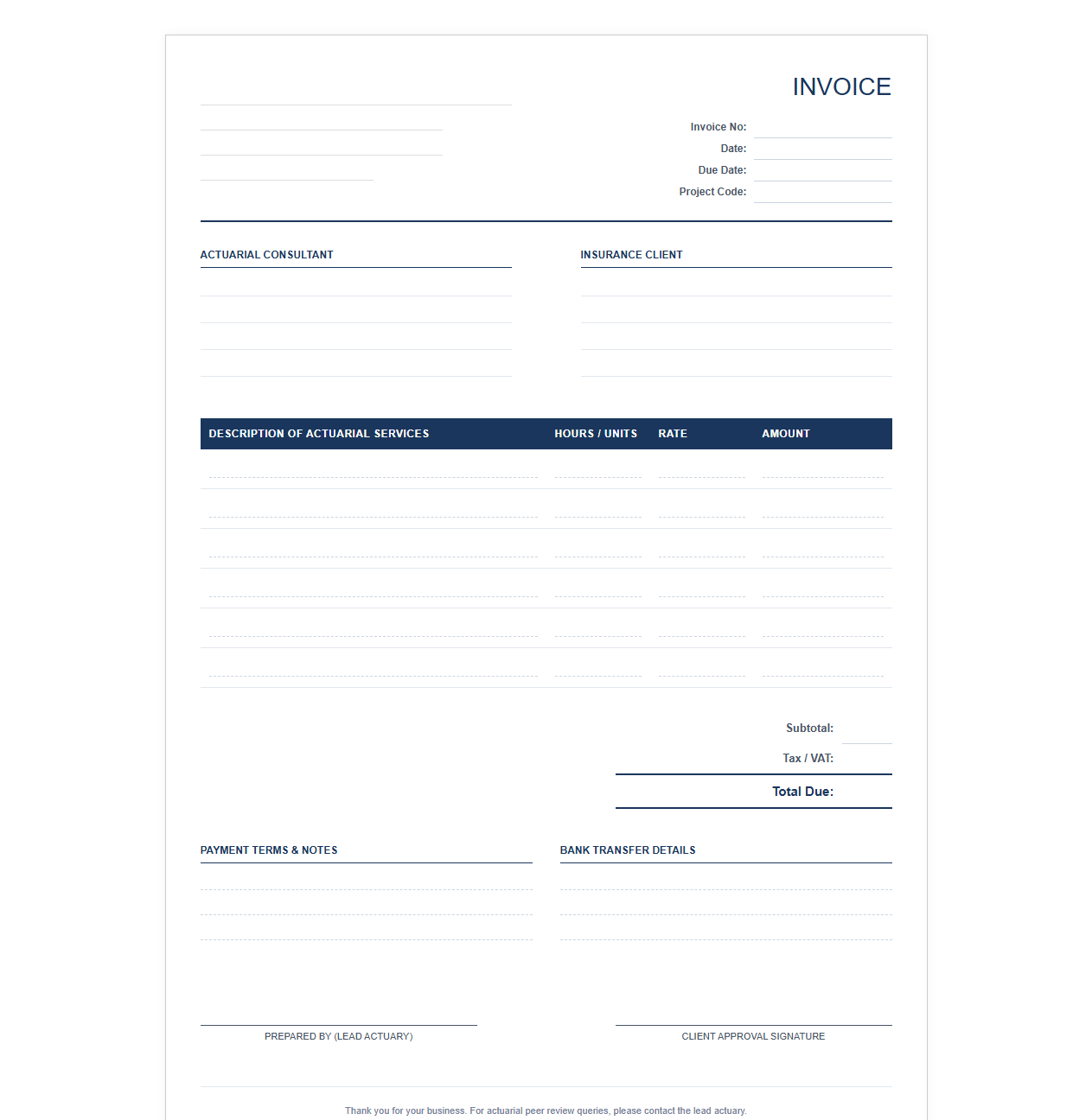 Insurance Actuarial Consulting Invoice Sheet
