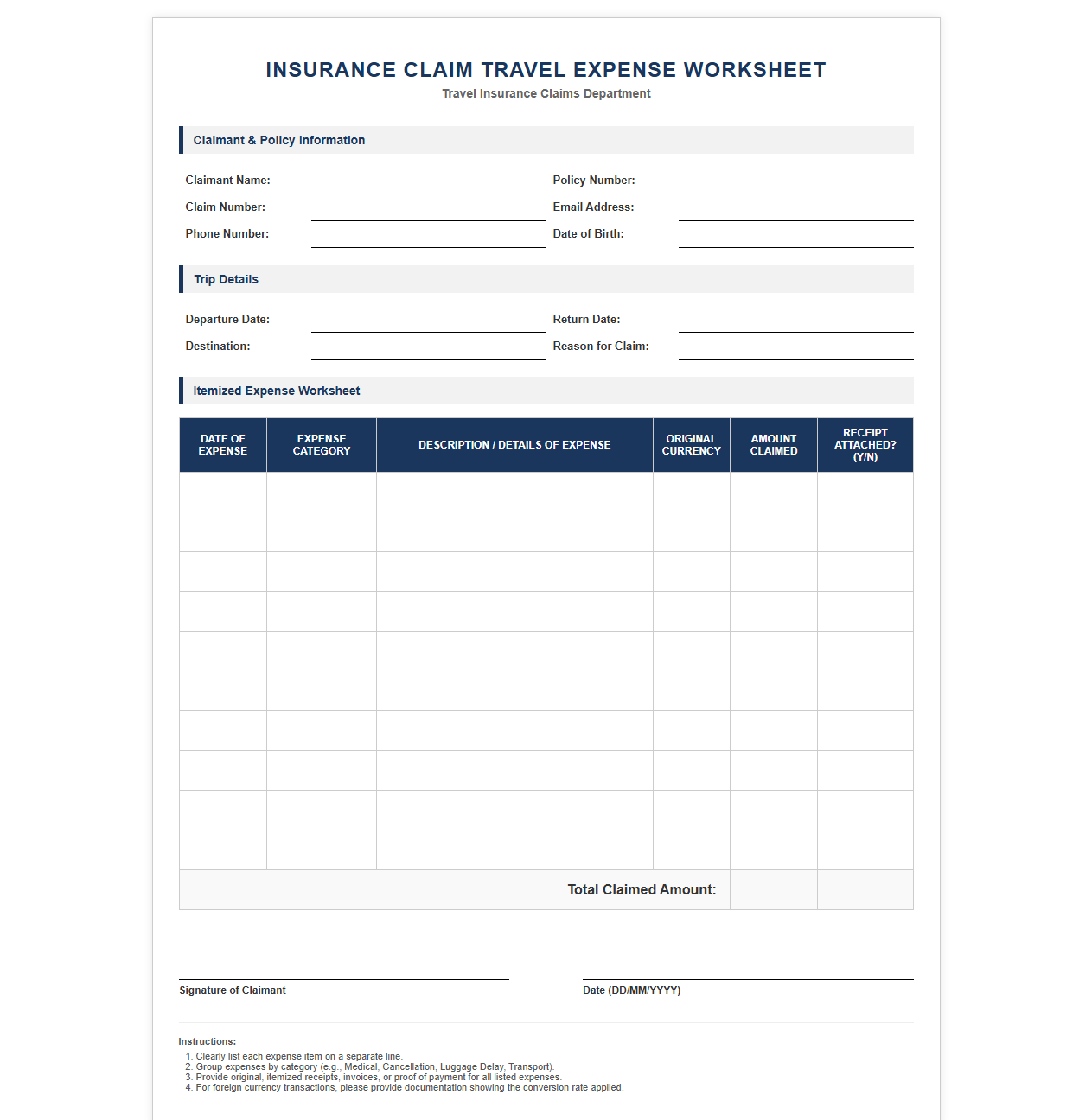 Insurance Claim Travel Expense Worksheet