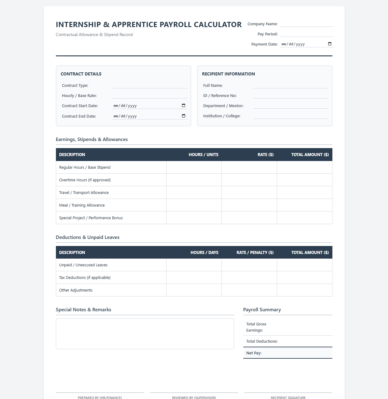 Intern and Apprentice Payroll Calculator Template