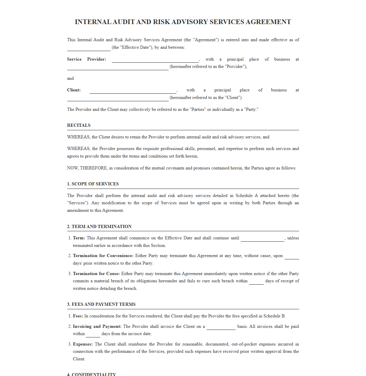 Internal Audit and Risk Advisory Services Agreement Template