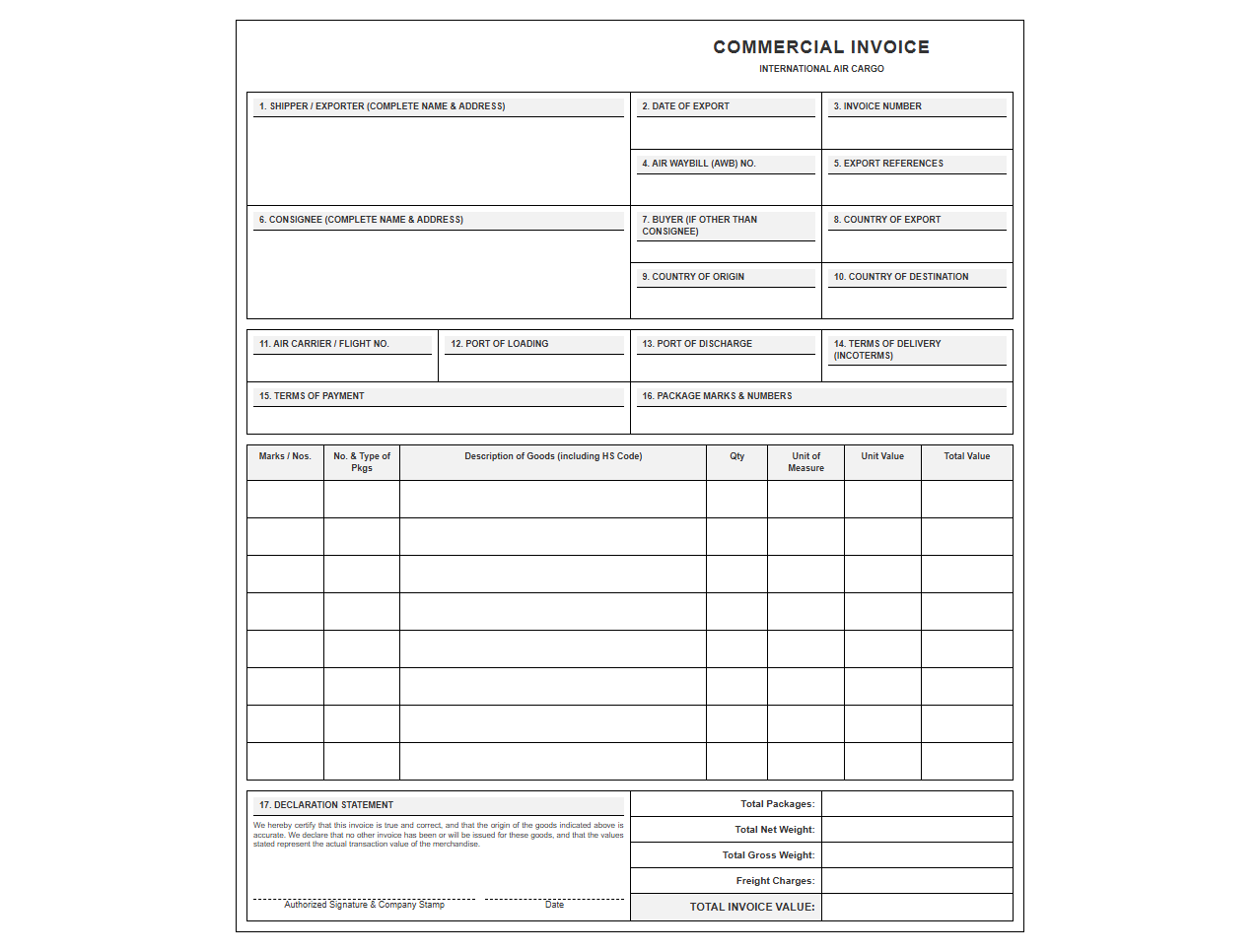 International Air Cargo Commercial Invoice Template
