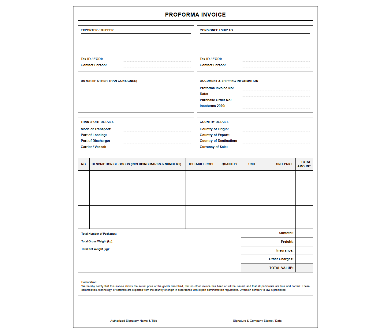 International Customs Proforma Invoice Template
