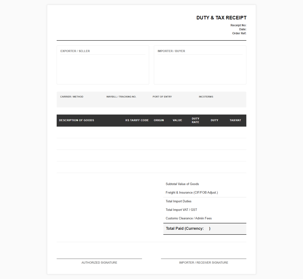 International Duty and Tax Receipt Template