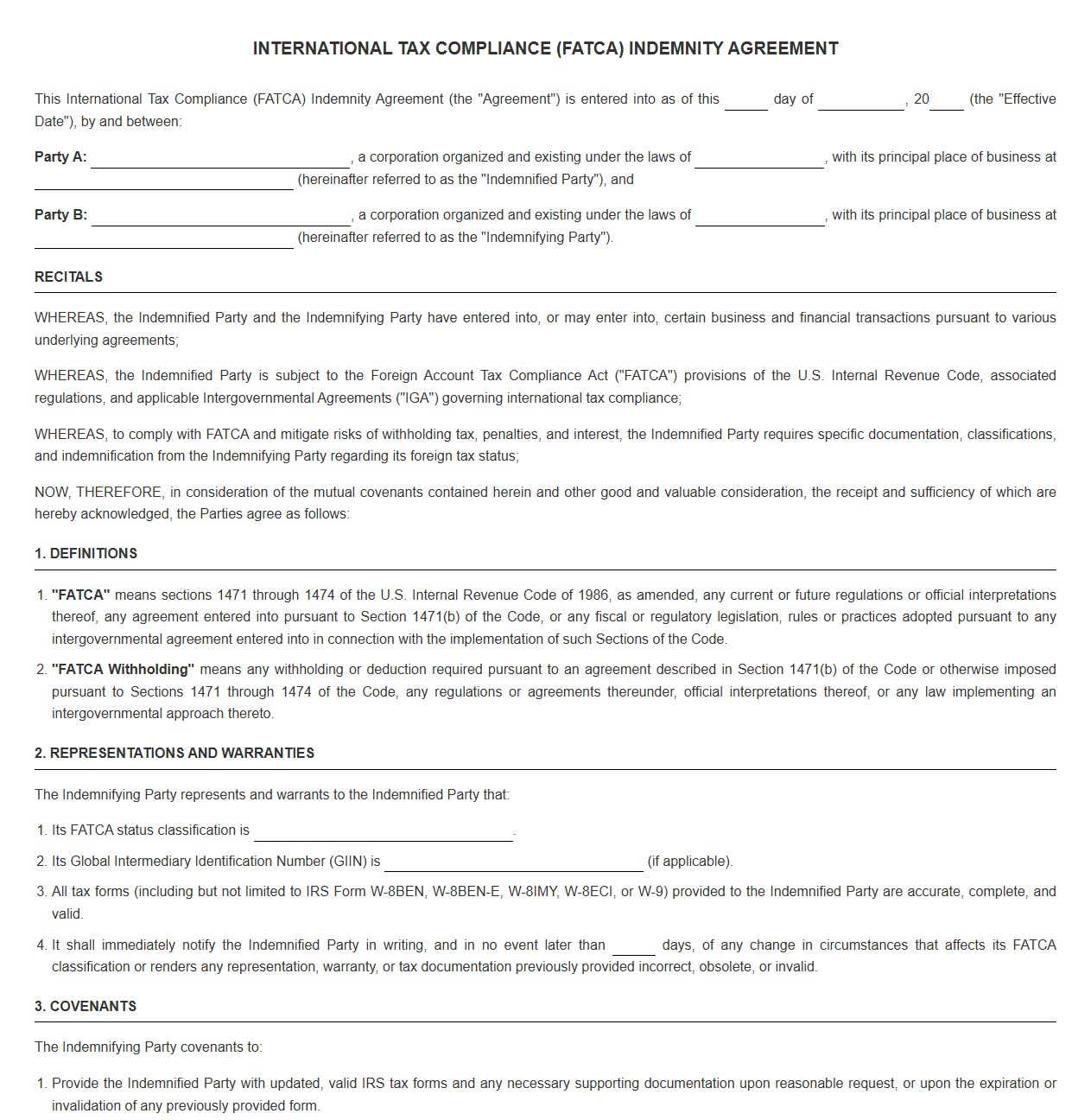 International Tax Compliance FATCA Indemnity Agreement