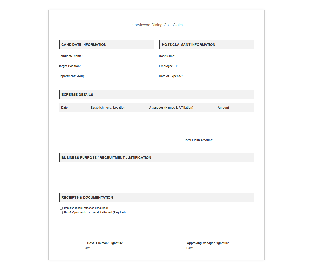 Interviewee Dining Cost Claim Template