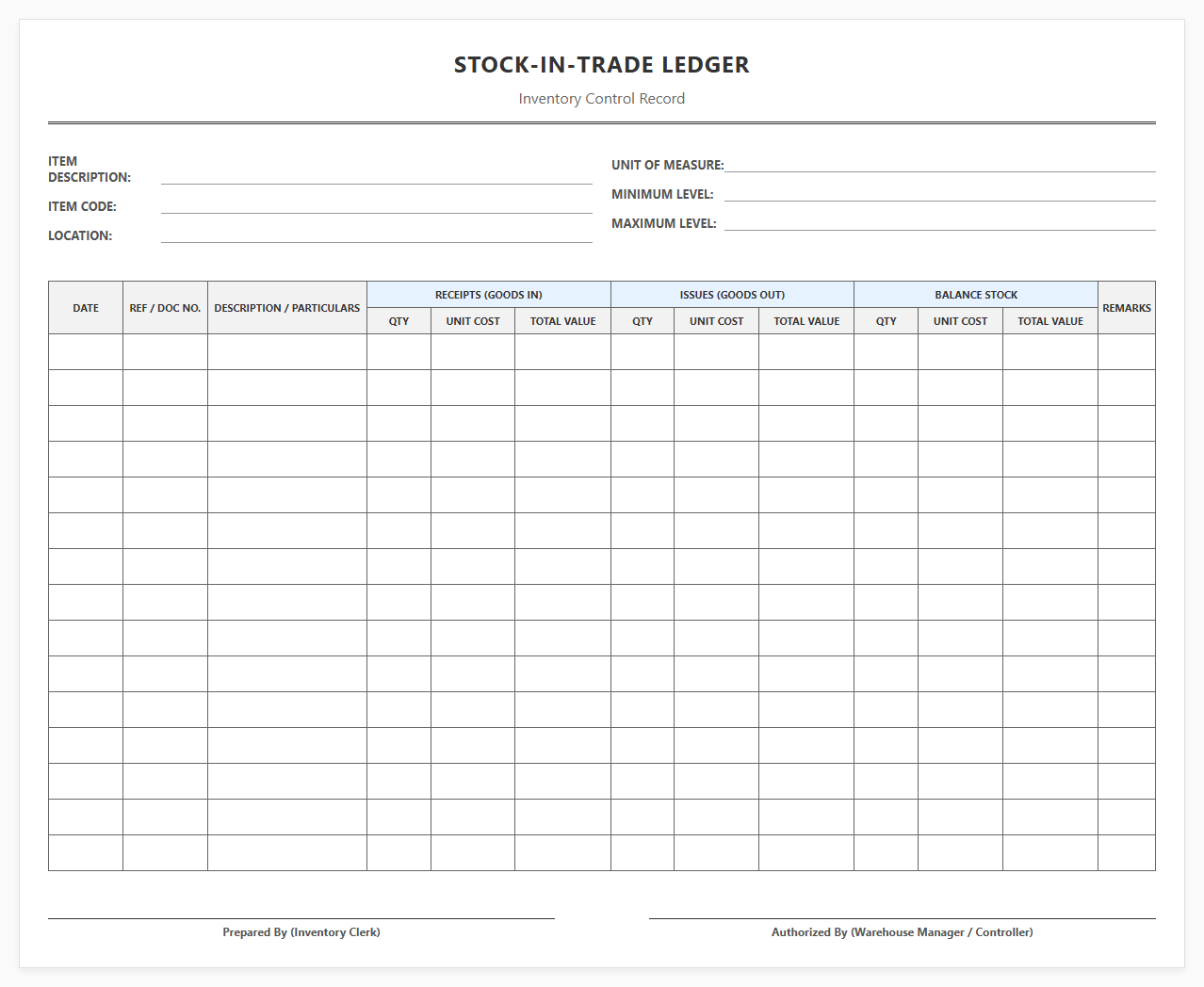Inventory Stock-in-Trade Ledger Template
