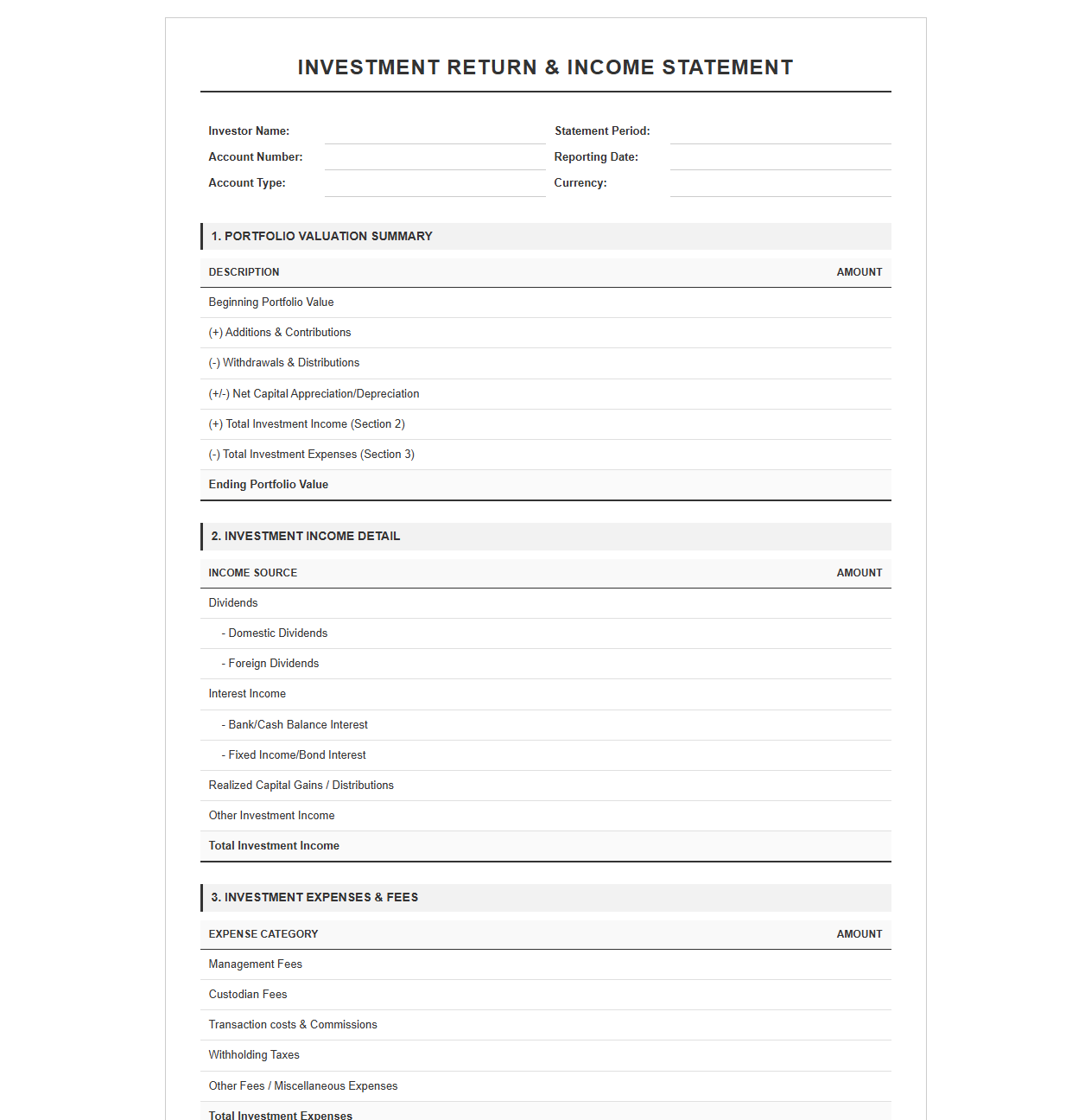 Investment Return and Income Statement Template