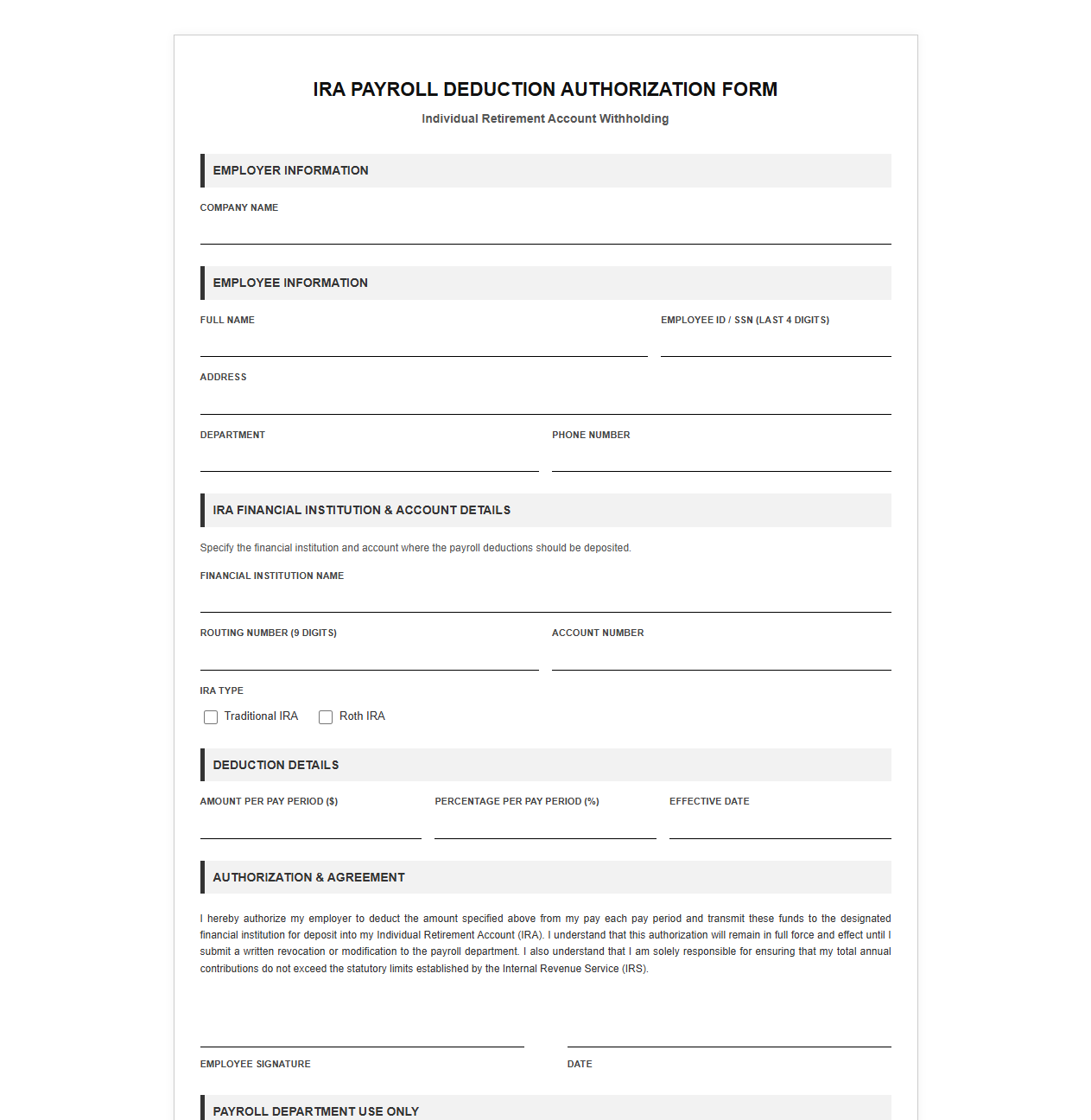 IRA Payroll Deduction Authorization Form
