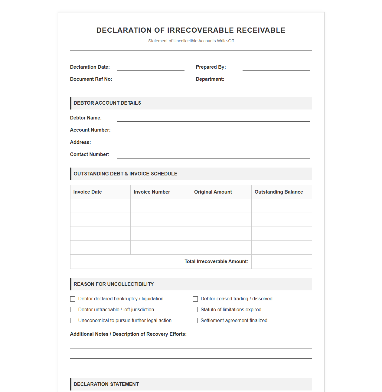 Irrecoverable Receivable Declaration Template