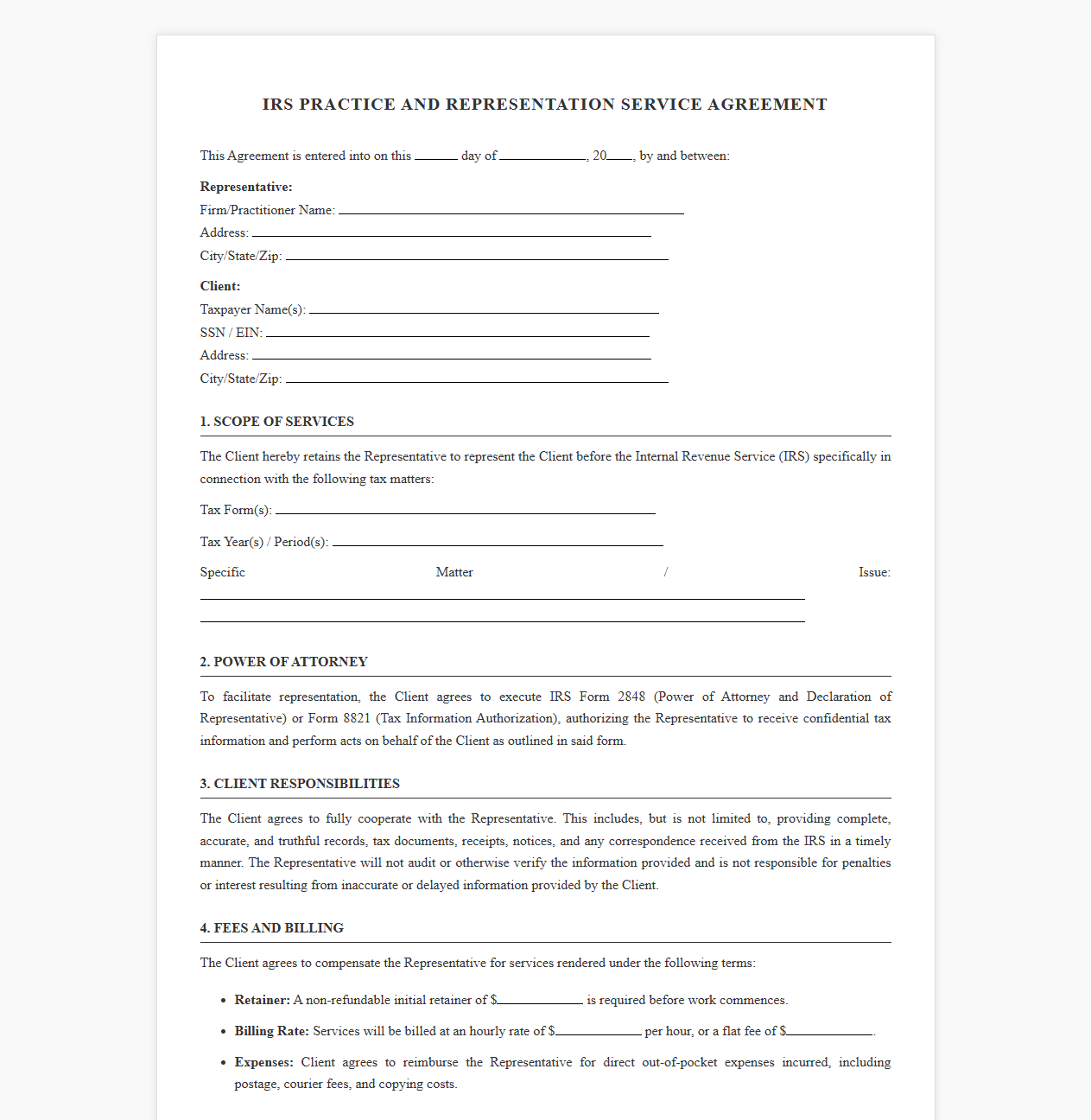 IRS Practice and Representation Service Agreement