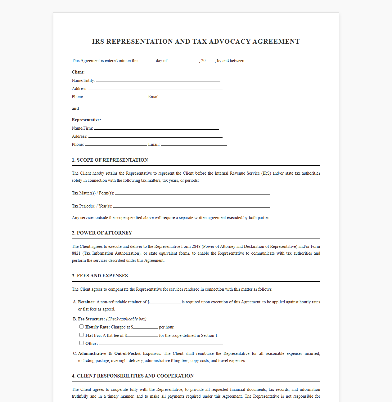 IRS Representation and Tax Advocacy Agreement