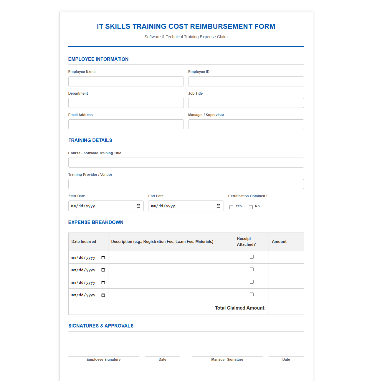 IT Skills Training Cost Reimbursement Form