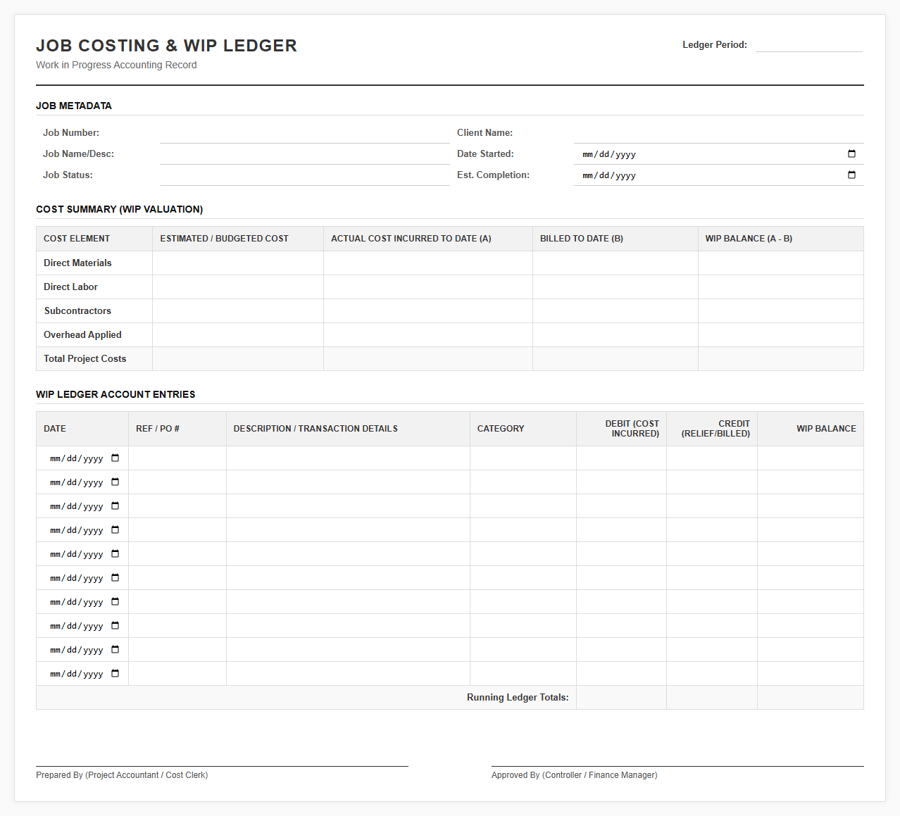Job Costing and WIP Ledger Template