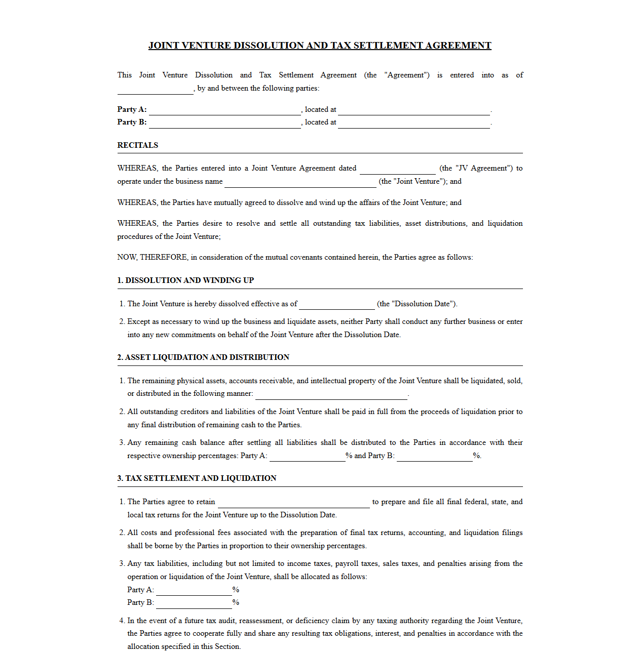 Joint Venture Dissolution and Tax Settlement Agreement Template