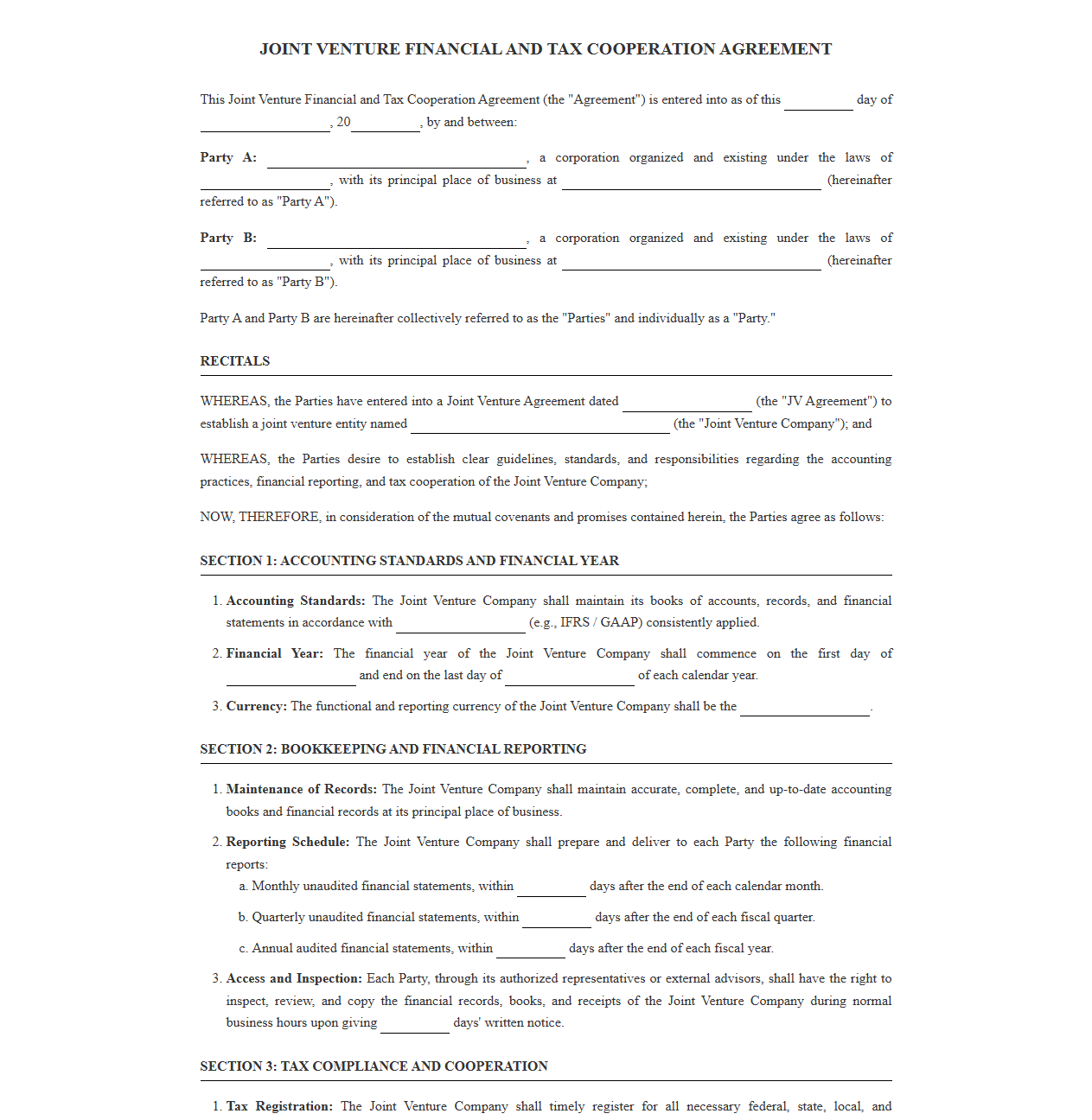 Joint Venture Financial and Tax Cooperation Agreement