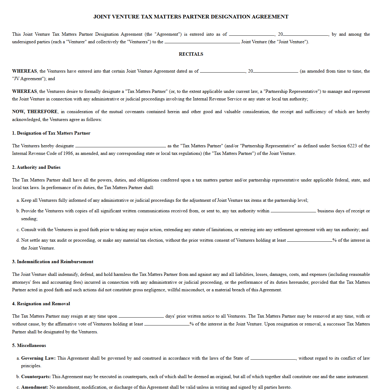 Joint Venture Tax Matters Partner Designation Agreement
