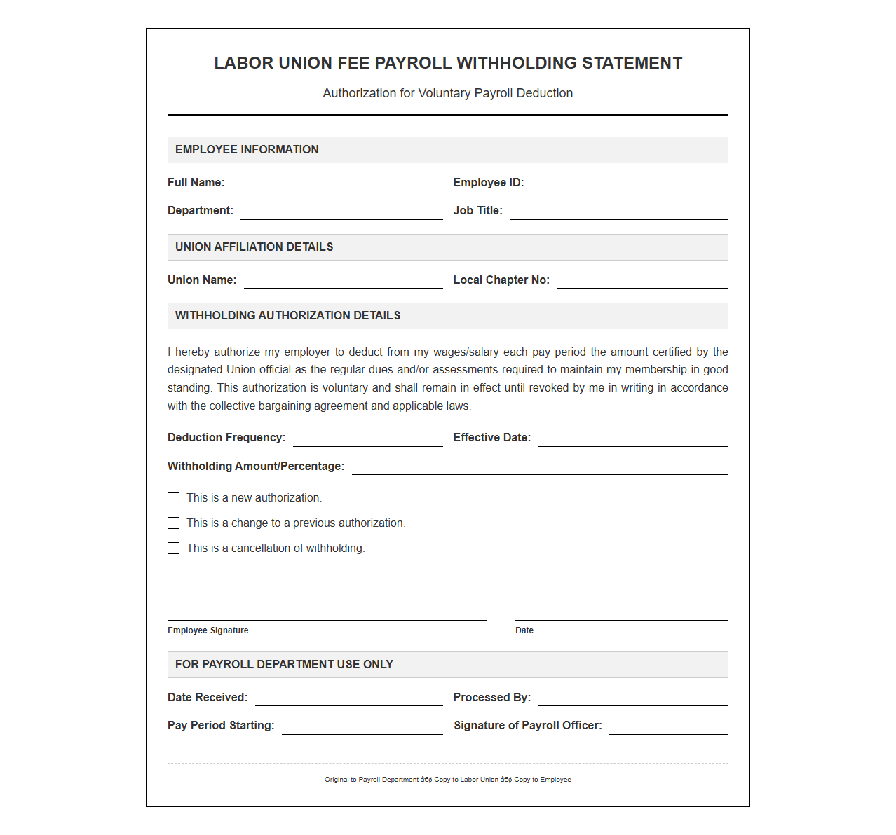 Labor Union Fee Payroll Withholding Statement