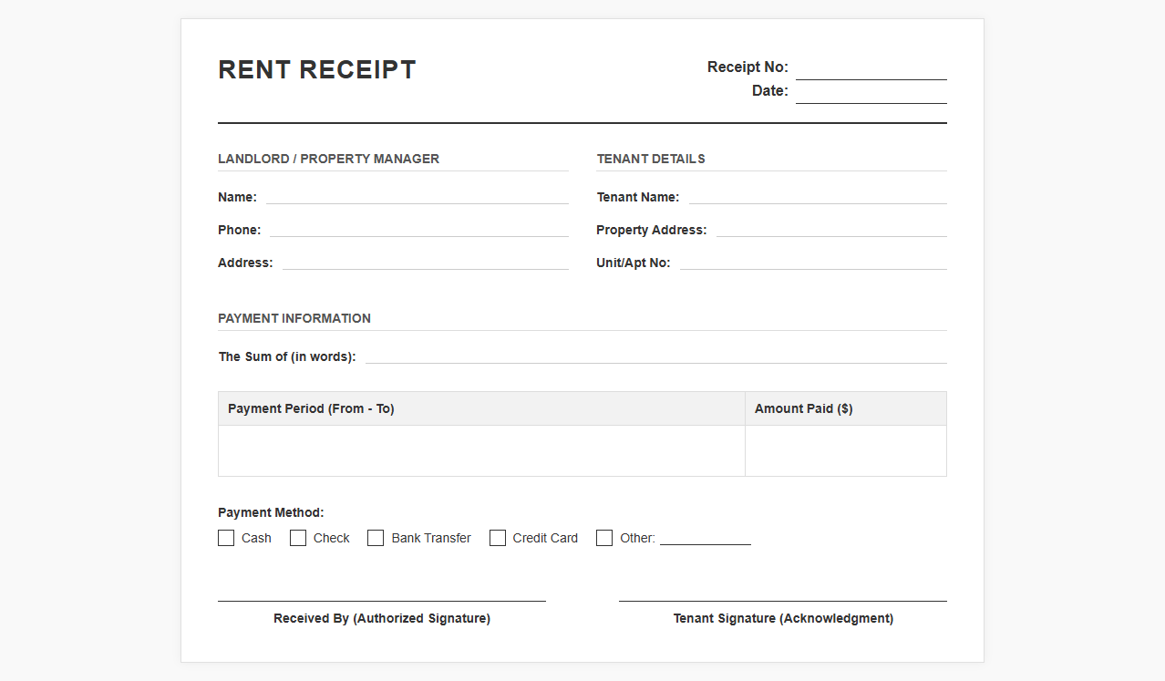 Landlord Receipt for Lease Payment