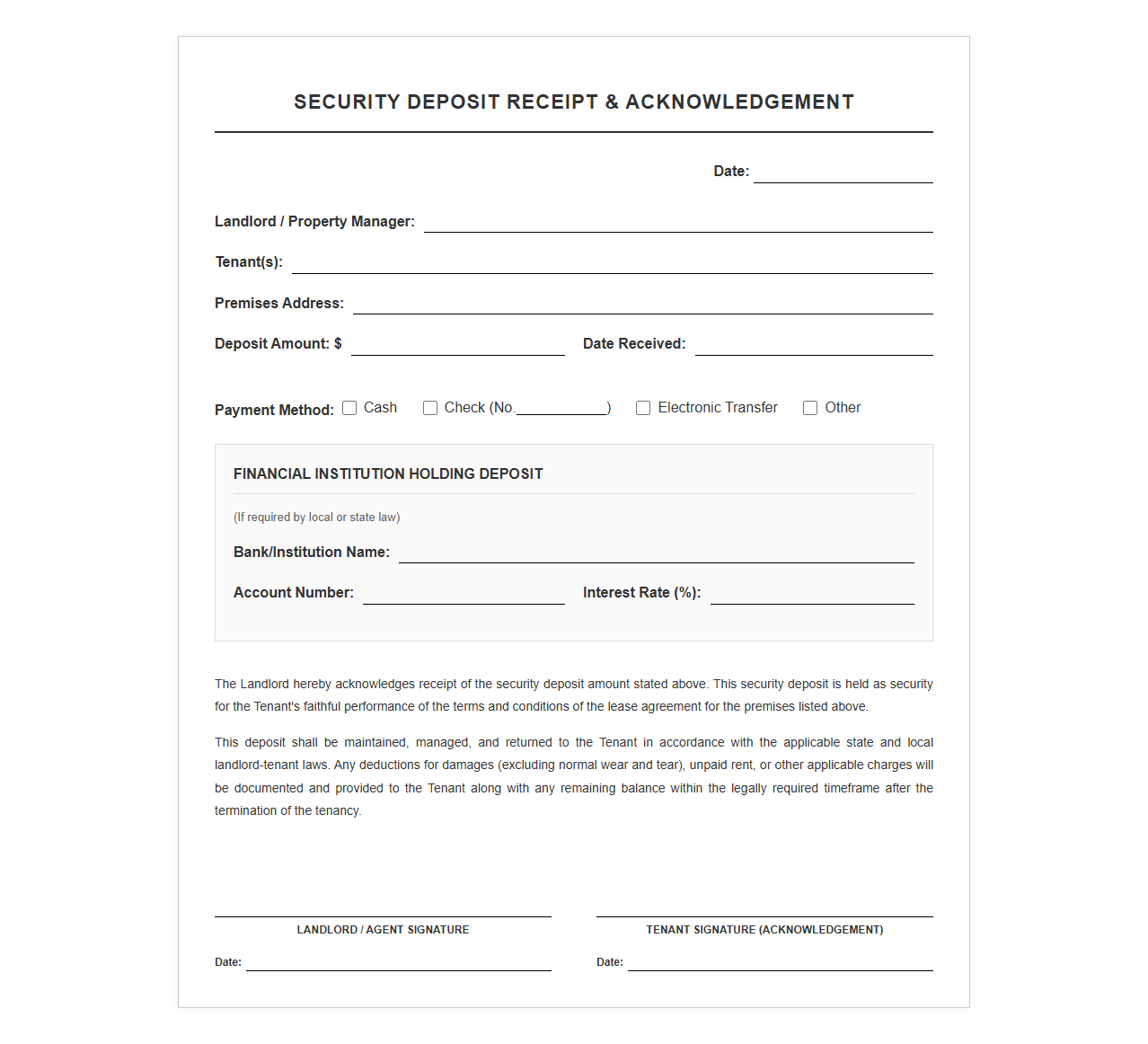 Landlord Tenant Security Deposit Acknowledgement