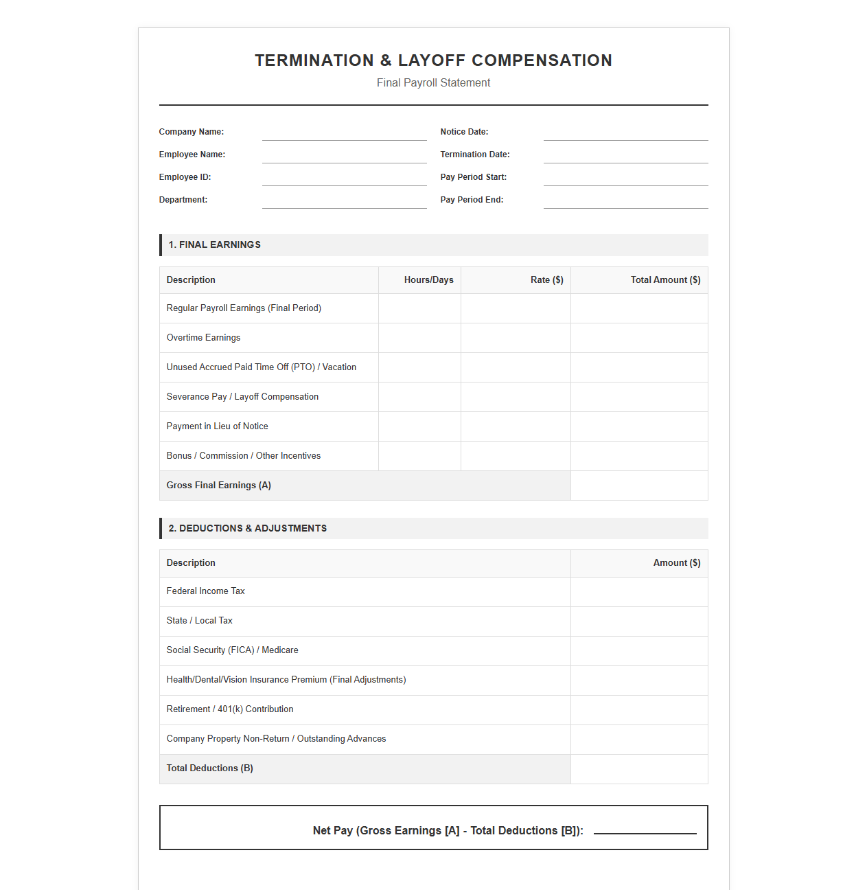 Layoff Compensation and Final Payroll Template
