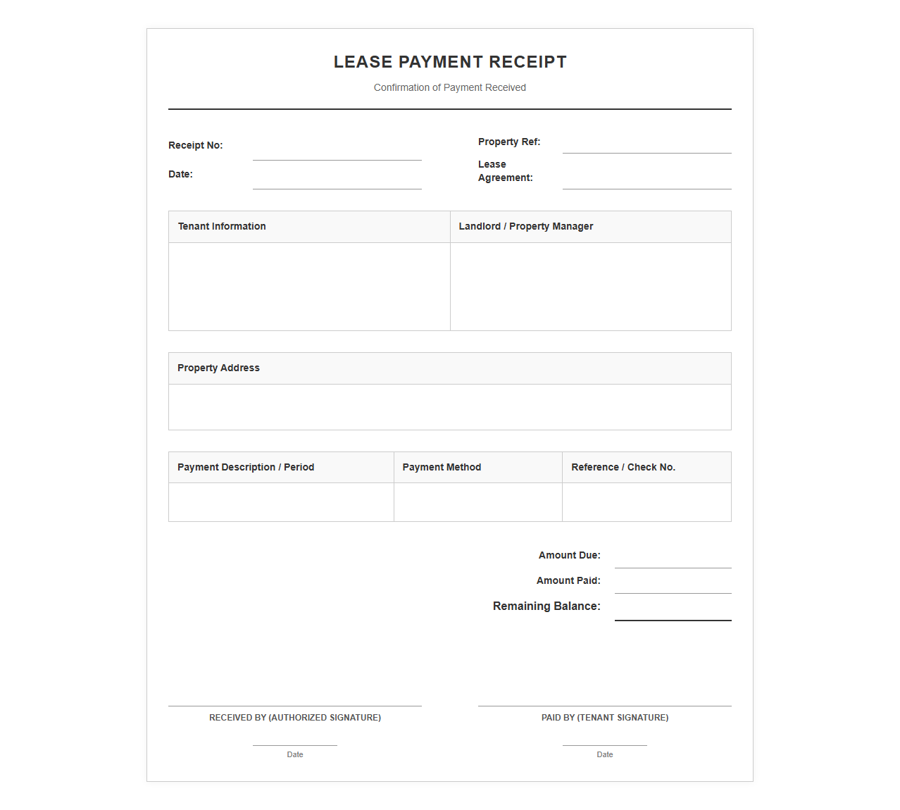 Lease Agreement Payment Confirmation Receipt