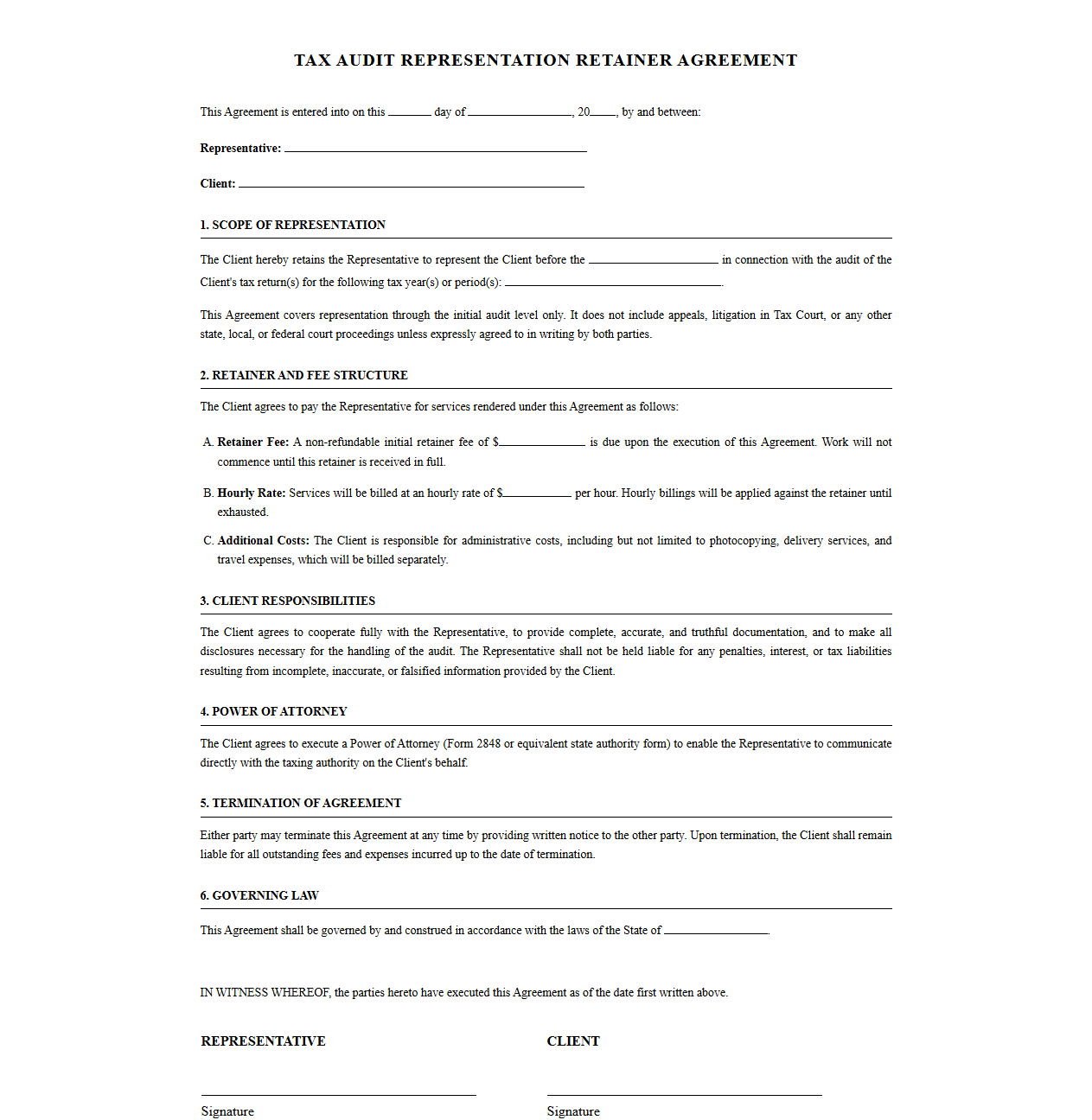Legal Retainer Agreement for Tax Audit Defense