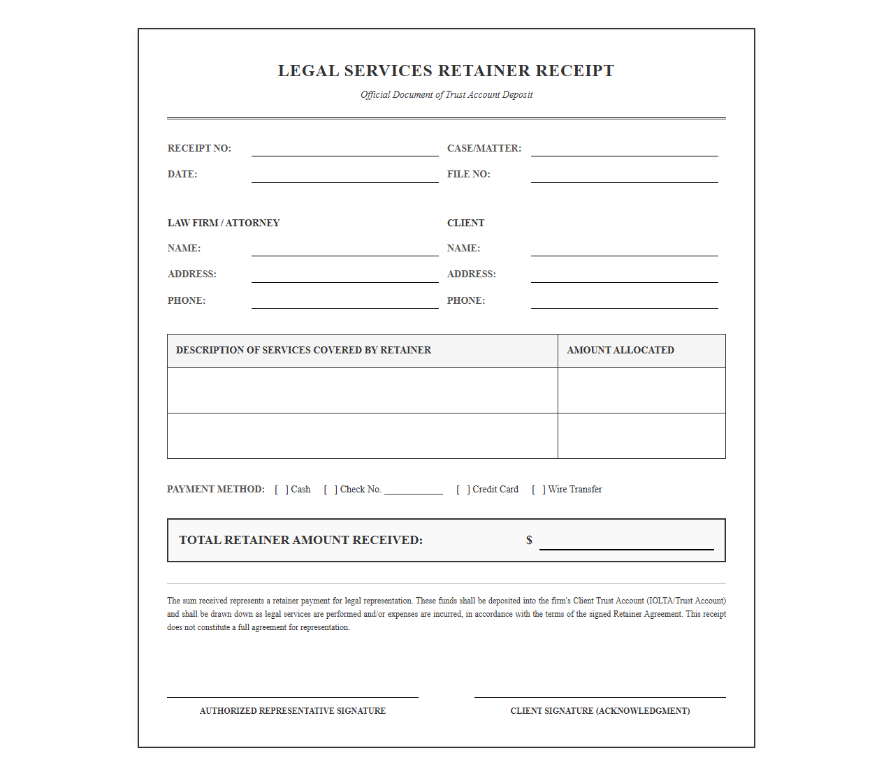Legal Services Retainer Receipt