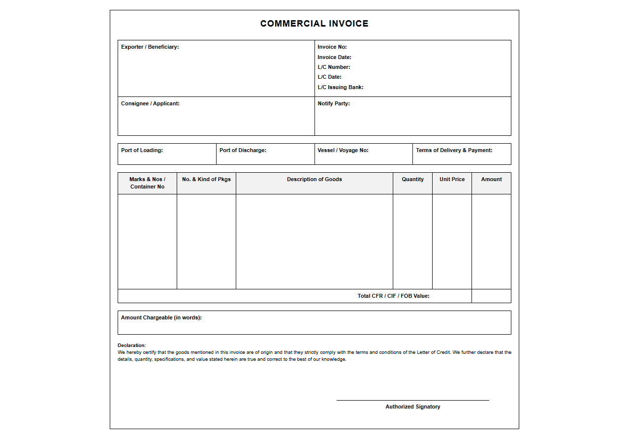 Letter of Credit Export Invoice Format