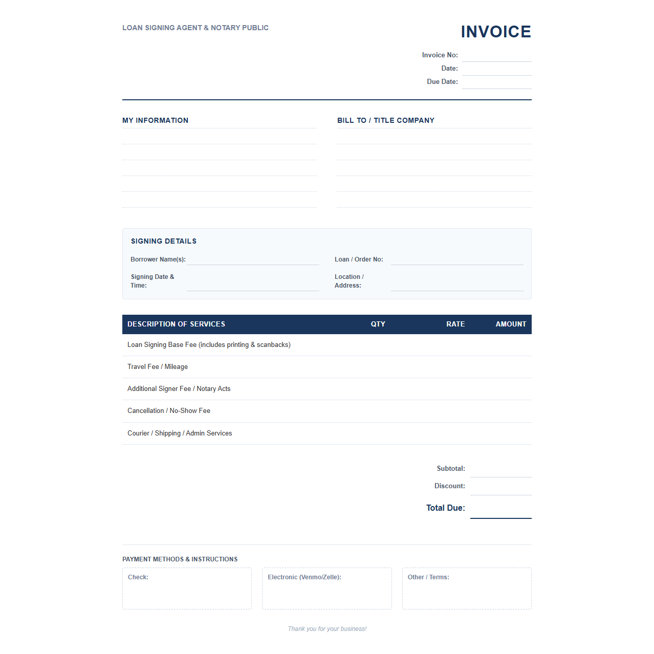 Loan Signing Agent Invoice Template