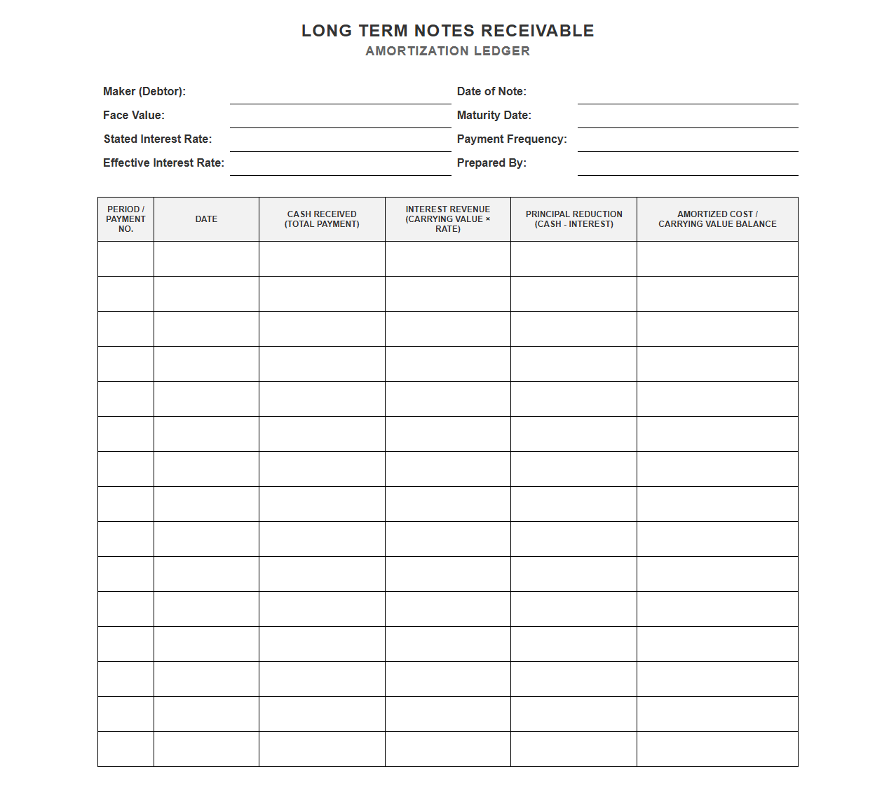 Long Term Notes Receivable Amortization Ledger