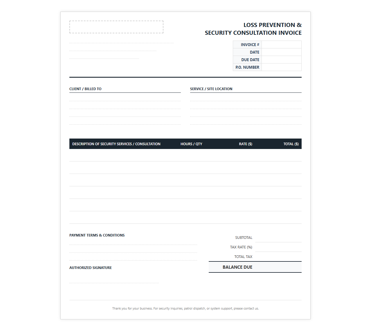 Loss Prevention and Security Consultation Invoice