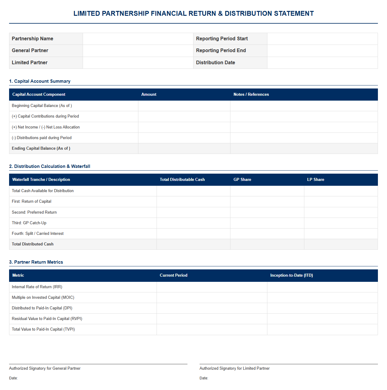 LP Financial Return and Distribution Template