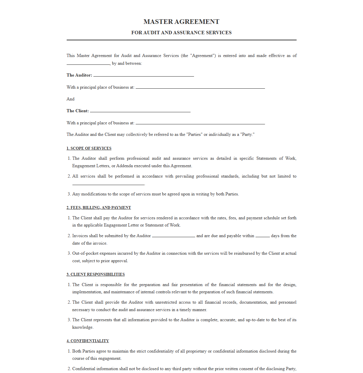 Master Agreement Template for Audit and Assurance Services