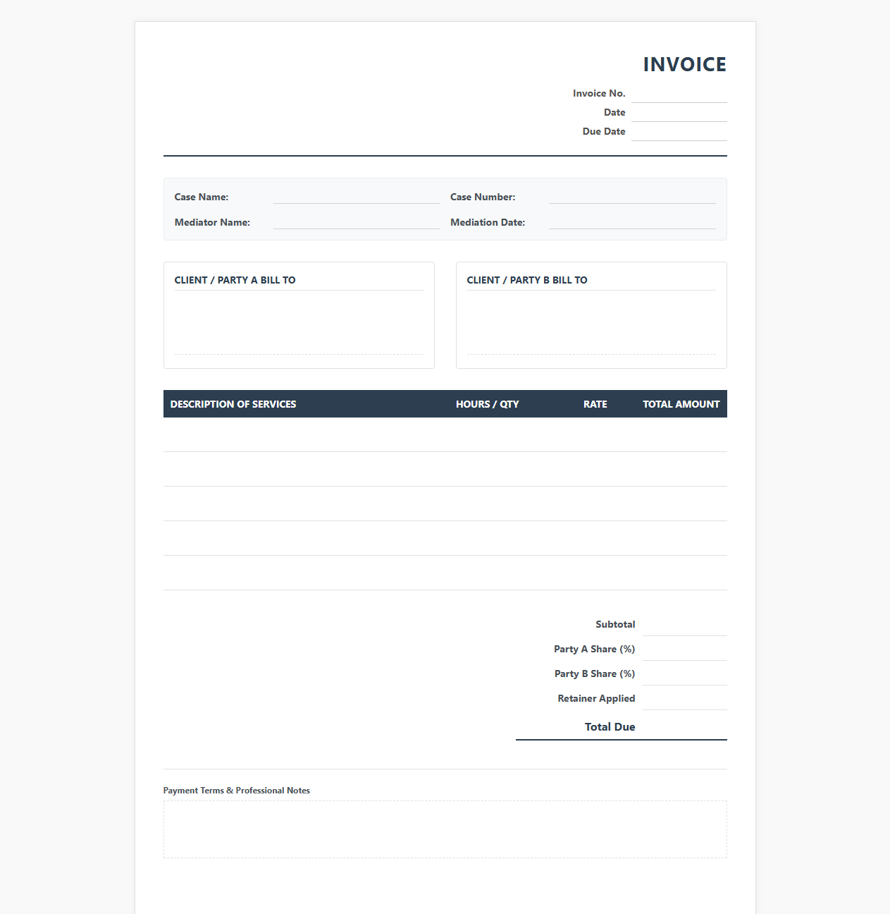 Mediation Services Billing Invoice Template