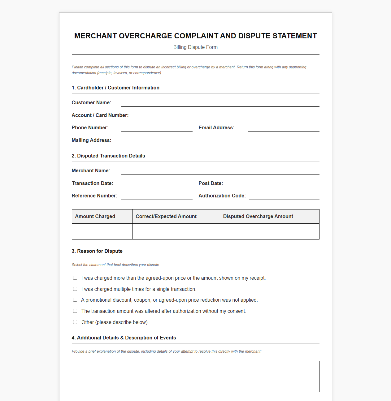 Merchant Overcharge Complaint and Dispute Statement