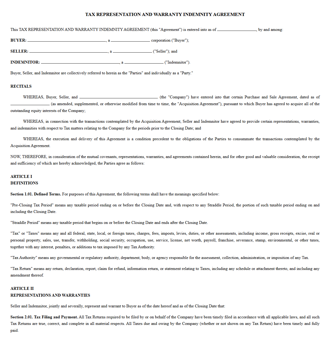 Mergers and Acquisitions Tax Warranty Indemnity Agreement