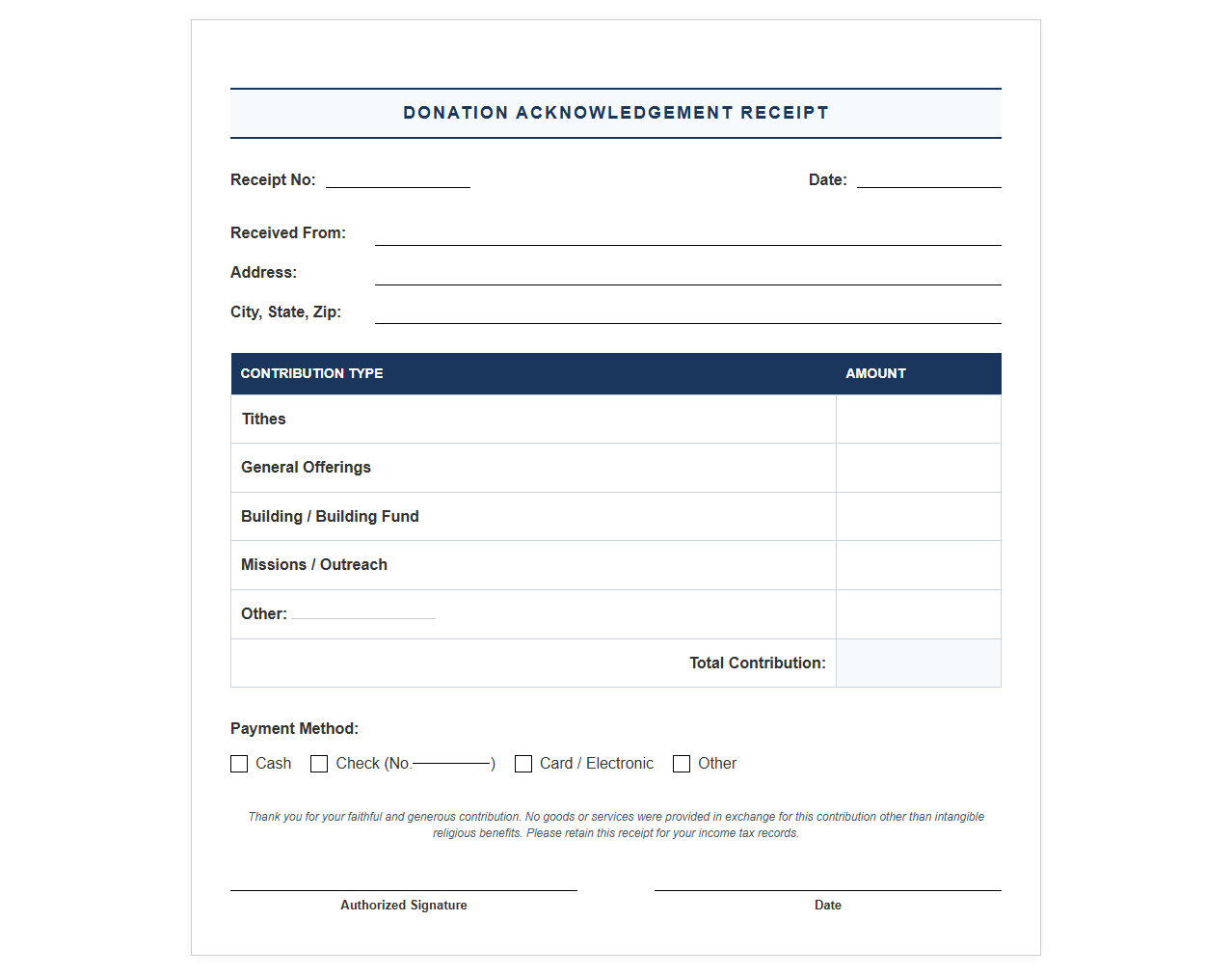 Ministry Tithes and Offerings Acknowledgement Receipt