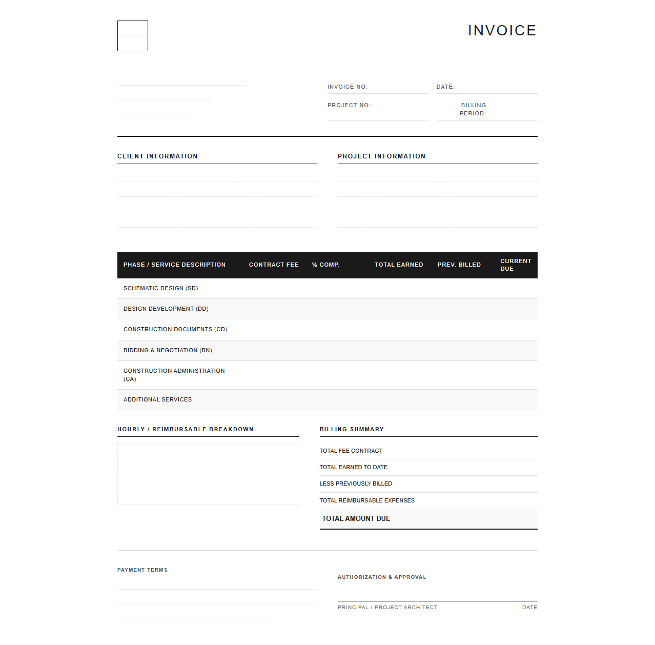 Modern Architect Project Invoice and Billing Sheet