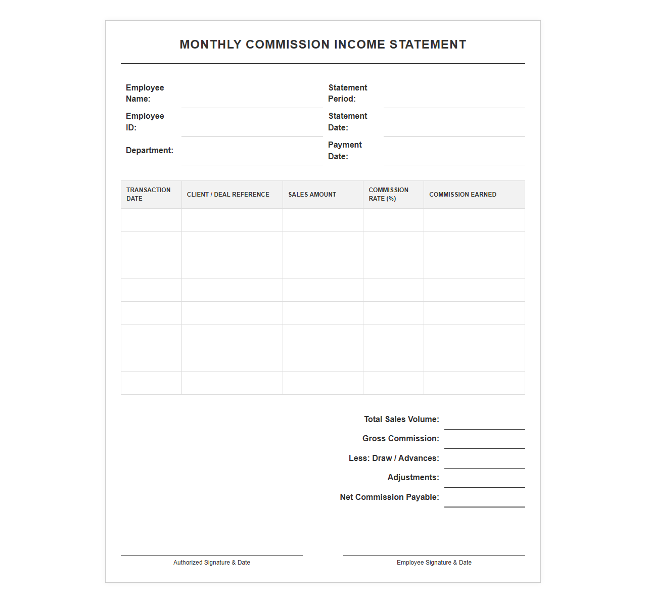 Monthly Commission Income Statement Template