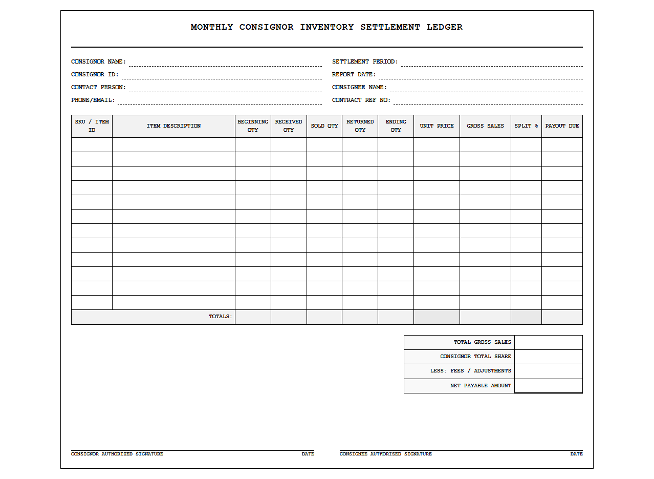 Monthly Consignor Inventory Settlement Ledger