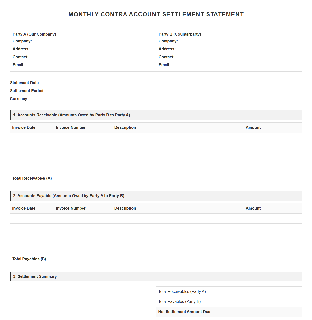 Monthly Contra Account Settlement Statement Template